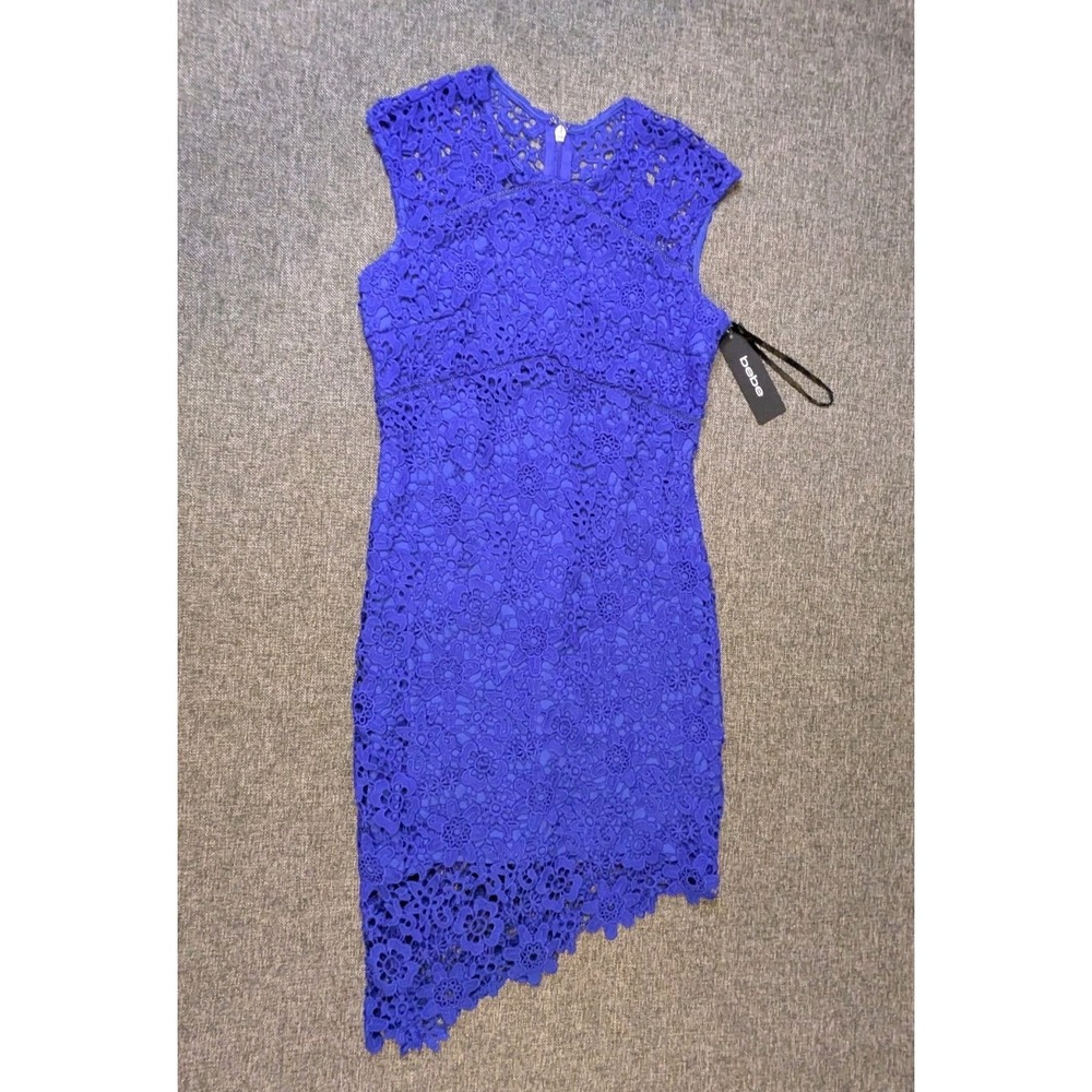 Bebe Blue Cobalt Lace Floral Zip Hem Dress Womens Size 6 Long Asymmetrical Top
